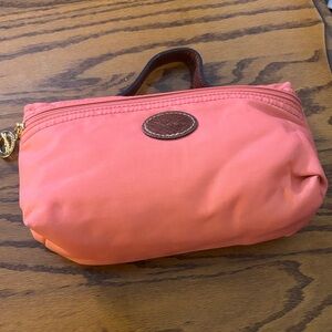 Chic Coral Cosmetic Bag with Leather Handle and Accent